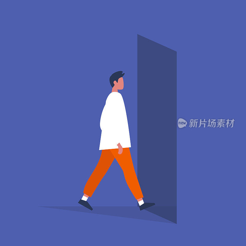 Young male character walking through a doorway. Daily life. Flat editable vector illustration, clip art